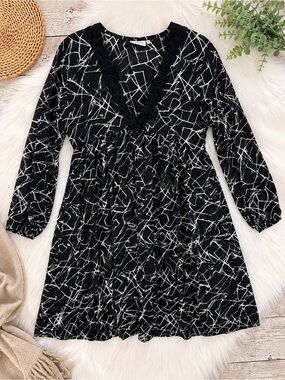 MASAI Copenhagen Black White Abstract Print Ruffle Neck Long Sleeve Dress Size S